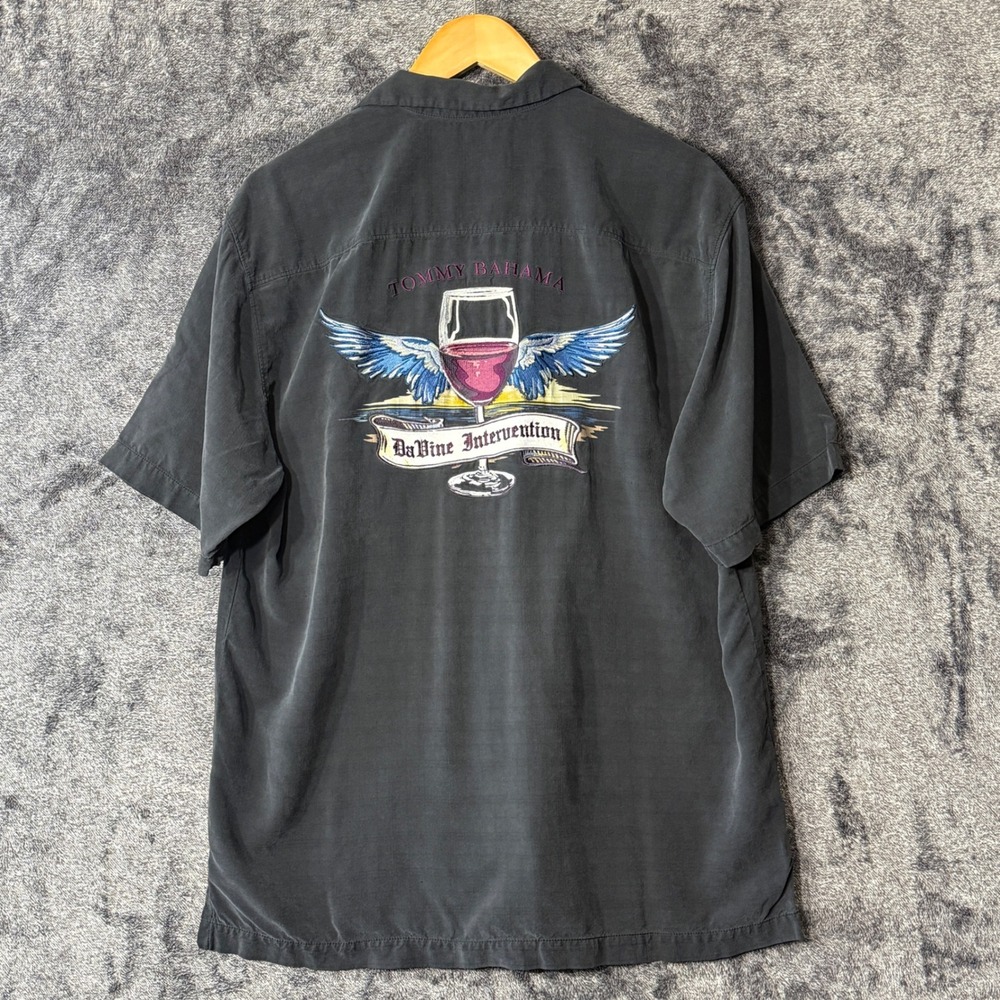 Tommy Bahama Silk Camp Shirt Embroidered Wine‎ Davine Intervention Black Large